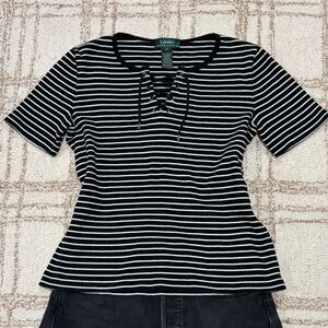 Lauren Ralph Lauren Striped Henley Lace Up Neck Top Shirt 100% Cotton Vintage